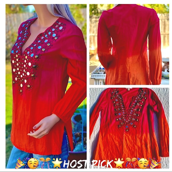 🎉HP MICHAEL KORS Retro Tie-die Ombré BoHo Gypsie Chic Beaded Mirrored Blouse - Picture 10 of 15